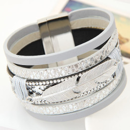 2016 New Fashion Alloy Feather Leaves Wide Magnetic Leather bracelets & bangles Multilayer Bracelets Jewelry for Women Men Gift
