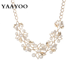 2016 New Fashion Imitation Pearl Rhinestone Flowers Leaves Metal Gold/Silver Plated Statement Necklace Women Jewelry For Gift
