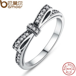 BAMOER Authentic 925 Sterling Silver Sparkling Bow Knot Stackable Ring Micro Pave CZ for Women Wedding Jewelry PA7104