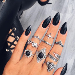Hot Vintage Elephant Midi Rings Set For Women Tibetan Antique Color carved Black Stone Feather Crown 9pcs/Set Boho Ring Jewelry