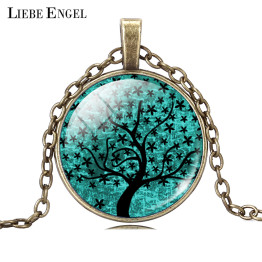 LIEBE ENGEL Life Tree Pendant Necklace Art Glass Cabochon Necklace Bronze Chain Vintage Choker Statement Necklace Women Jewelry
