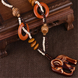 LNRRABC Fashion Women Boho Ethnic Carving Beach Jewelry Handmade Beads Wood Elephant Pedant Necklace Sweater Chain Necklace