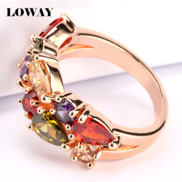 LOWAY Fashion Multicolor Rings Women Anillos Cubic Zirconia  Rose Gold Plated Wedding Finger Ring Fine Jewelry Bague JZ5900