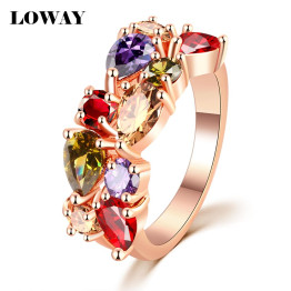 LOWAY Fashion Multicolor Rings Women Anillos Cubic Zirconia  Rose Gold Plated Wedding Finger Ring Fine Jewelry Bague JZ5900