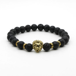 Wholesale Antique Gold Plated Buddha Leo Lion Head Bracelet Black Lava Stone Beaded Bracelets For Men Women Pulseras Hombre N4-3
